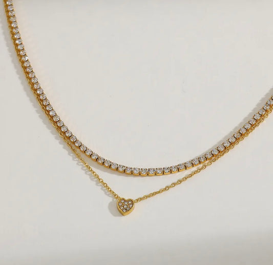 18k gold plated heart double necklace